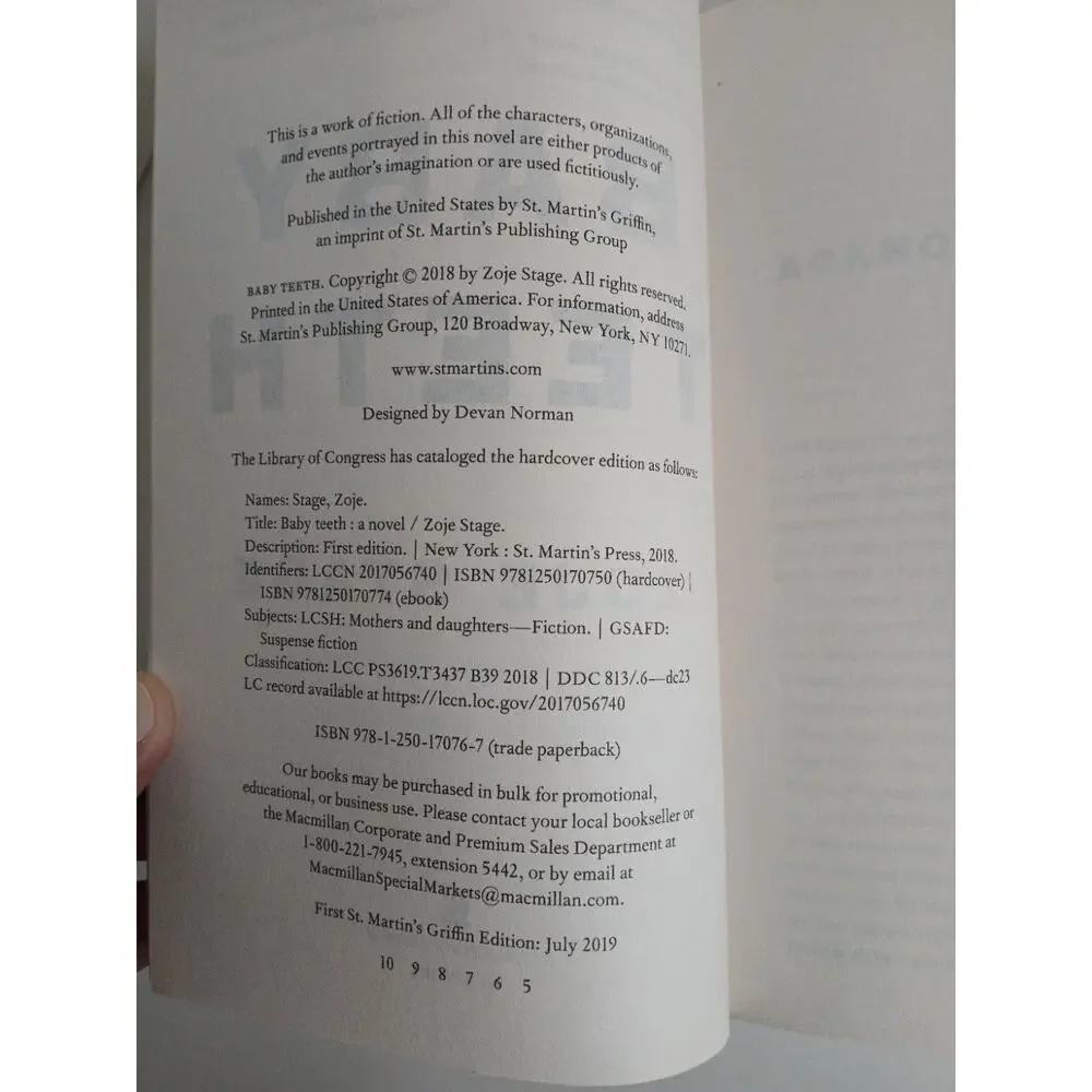 Baby Teeth: A Novel By Stage, Zoje Paperback 2018 *